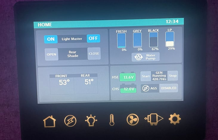 Integrated control panel and additional iPad to easily control lighting, awnings, slide outs and monitoring systems.