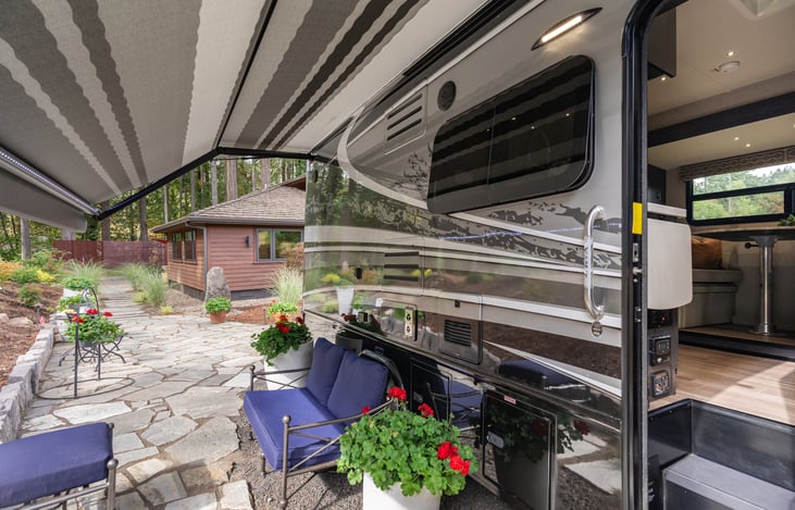 Electric awning with lighting for a lovely evening ambience.