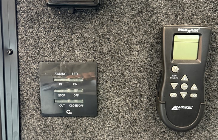 Awning and Adjustable Fan.