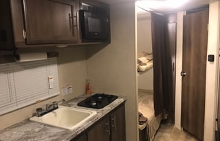Modern travel trailer bunk house layout with all the comforts of home