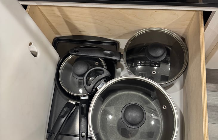 Pots and pans, baking pan and cutting board