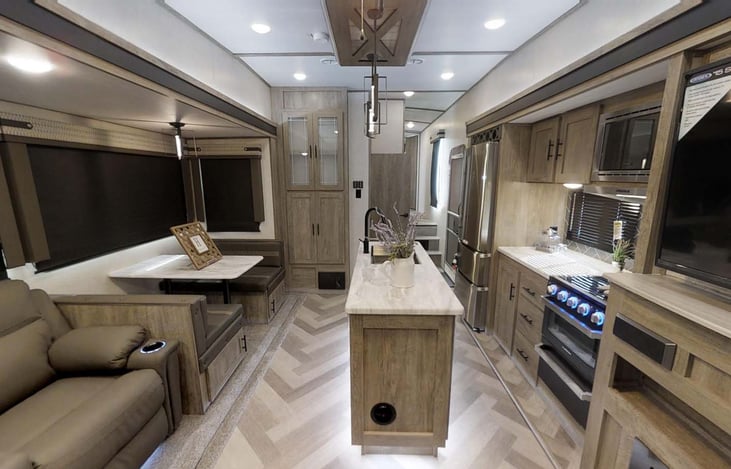 Very open living and dining area with island kitchen.