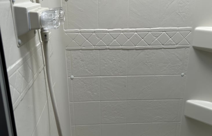 Shower features a skylight.