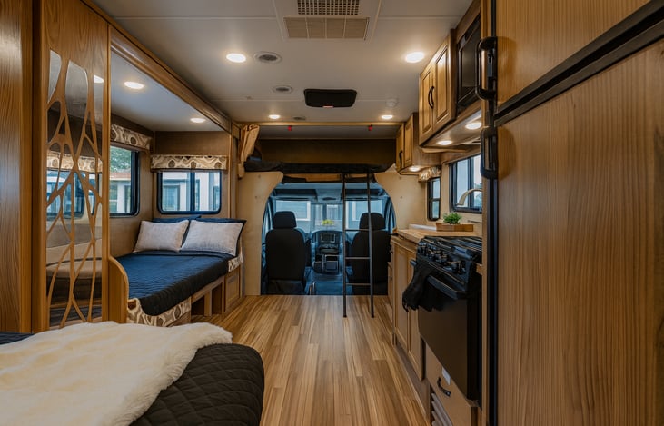 Open layout with the TV slide closed, showing the spacious living area.