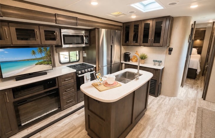 Large spacious kitchen with residential size refrigerator and freezer.