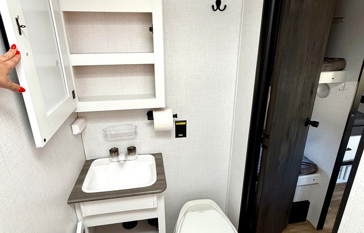 Bathroom storage for toiletries and large bathroom mirror.