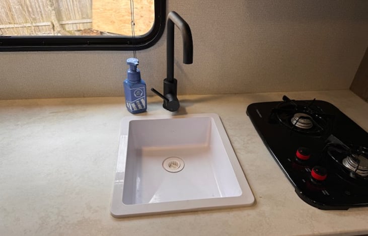 Sink and gas cooktop with two burners.