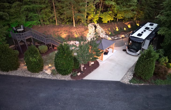 Spacious and private Lake Lure, NC Apple Valley Farm Motorcoach Resort lot rental with utilities $85/night.