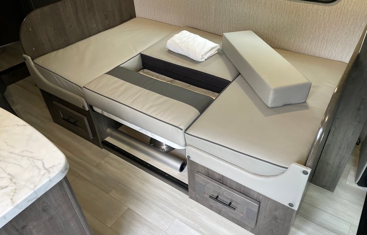 U-Dinette converted. Tabletop becomes the bed insert, cushion pattern shown in picture.