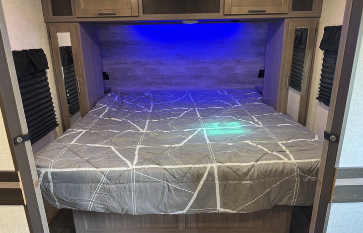 King Sized bed is waiting for you with a 3" foam topper.  Sheets are supplied, but bring your own pillows and blankets to make you feel right at home.