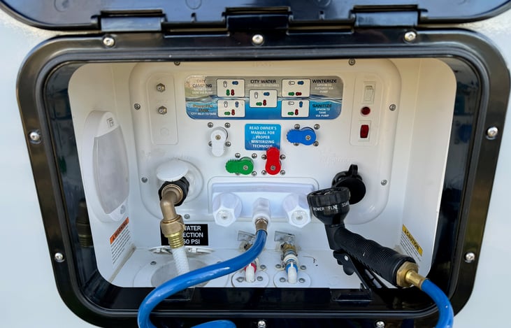 Nautilus water control panel and outdoor shower.