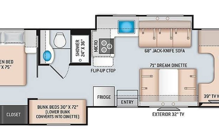 Sleeps 8+, two dinettes, full kitchen, bath with shower