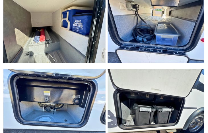 Outdoor storage areas, include equipment to operate RV neatly organized, cooler, outdoor matt and two camp chairs, additional camp chairs available as an add on.