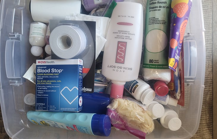 Bathroom tote. Contains emergency items in case you forget something. First aid, toiletries, etc