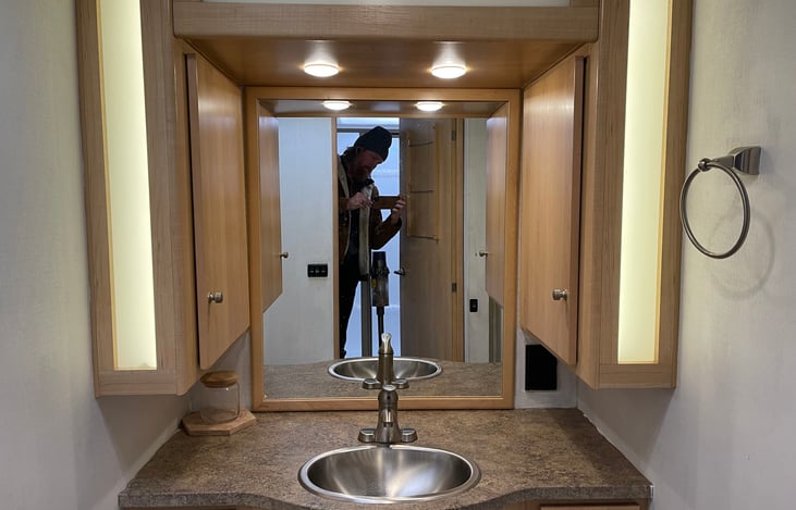 Bathroom Sink/Vanity. Ceiling is not a low as it looks. I’m 6’7” and can stand up straight ;).