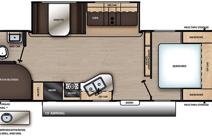 Floor Plan, there is a master bedroom with a queen and 2 spacious, comfortable bunks. Dinette turns into a bed and so does the couch.