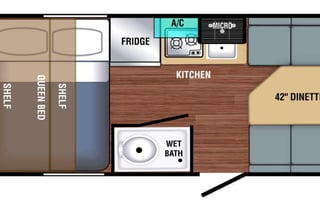 Yes it has a bathroom. Small easy to tow 3200lbs.