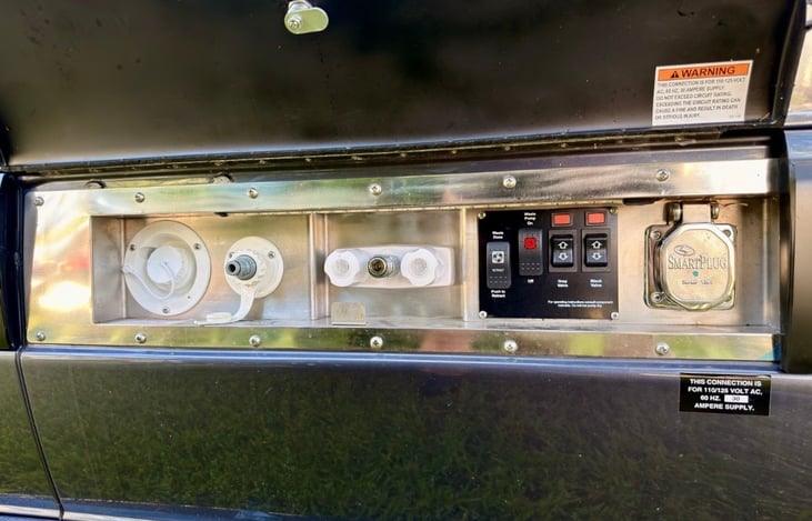 Fresh water fill, outdoor shower, black/grey water valve buttons, macerator pump button and Smartplug connection