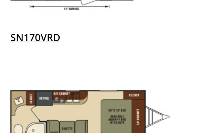 Sleeping area in front. Bathroom and shower in middle. Dinette and frig in rear
