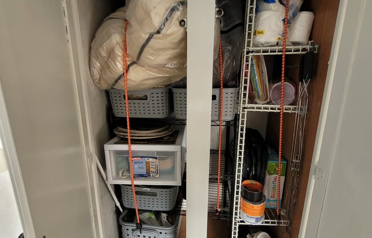 Storage and Pantry, will be empty with only esstentials stoked: TP, 4 plates, smores roasters, kids games, inspect candles for tables, utentsiles, red solo, resuable picnic table cloth, etc.