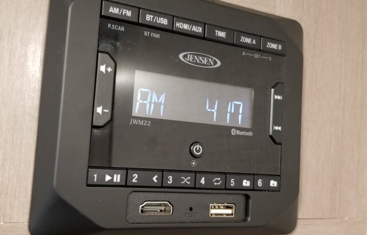 AM/FM Stereo radio with bluetooth and indoor/outdoor speakers.