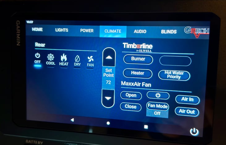 Control your AC temp, heat, hot water and fan speed/direction all from your Garmin touch screen