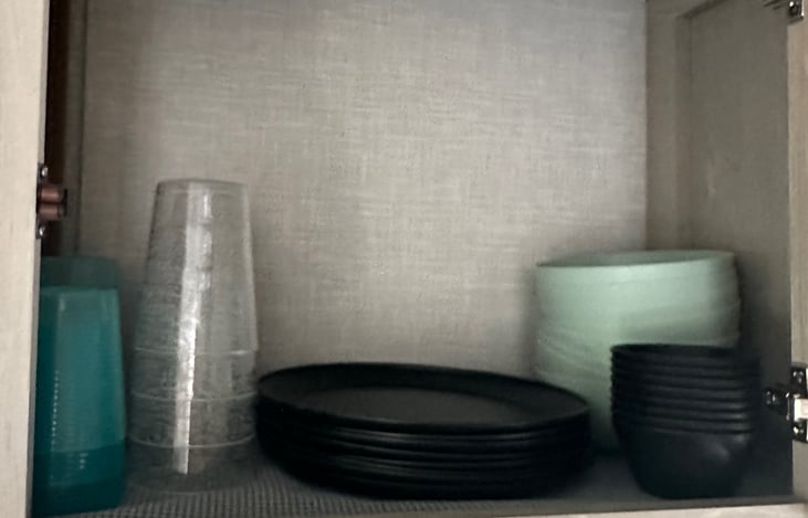 Plates, bowls, small snack bowls for 8. More than enough cups and plastic wine glasses too.