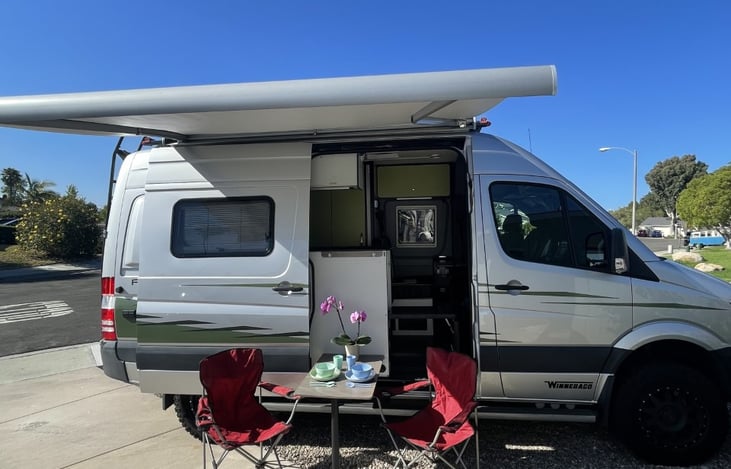 Fold-down table for outdoor dining.