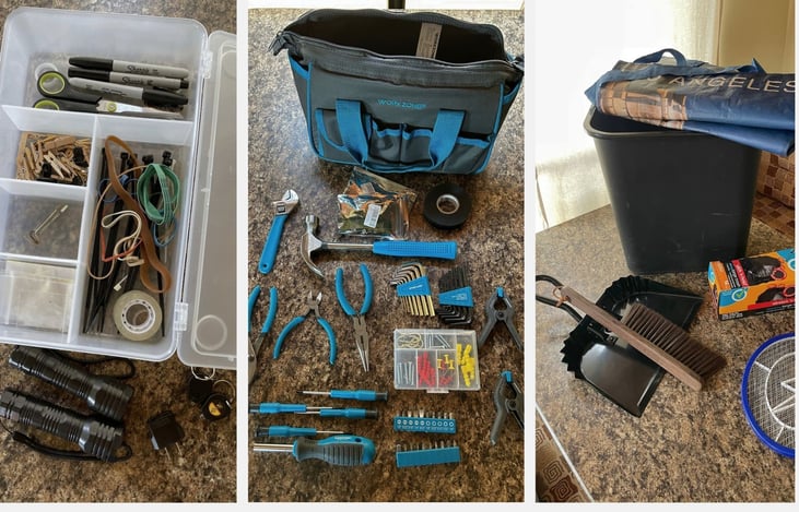 We make sure to have all the random items you might find useful:
trashbags, zip-ties, tape, rubber bands, sharpies, flashlights etc.
We keep a small toolkit in the understorage.