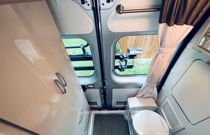 Bathroom amenities: Shower, Shower curtain, Towel Rod, Cassette toilet,  Sink, Closet space, 2 drawers,  Medicine cabinet