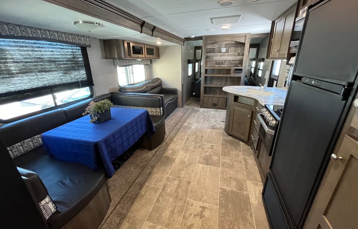 View from restroom. Note the U-shaped bench.