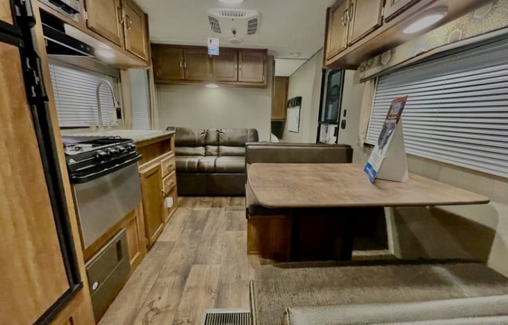 Dinette and during fold into beds if needed. Storage available in cabinets & under futon and benches.