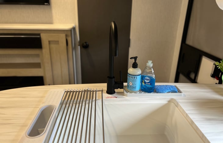 Our expandable dish rack can easily be stored away when not in use