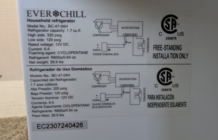 The fridge can be run while plugged into electricity or running off the battery, which is recharged by the solar panel.