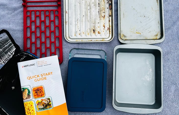 Small dish drain, flat pan (foil to cover also included), small slow cooker, and Pyrex with lid.