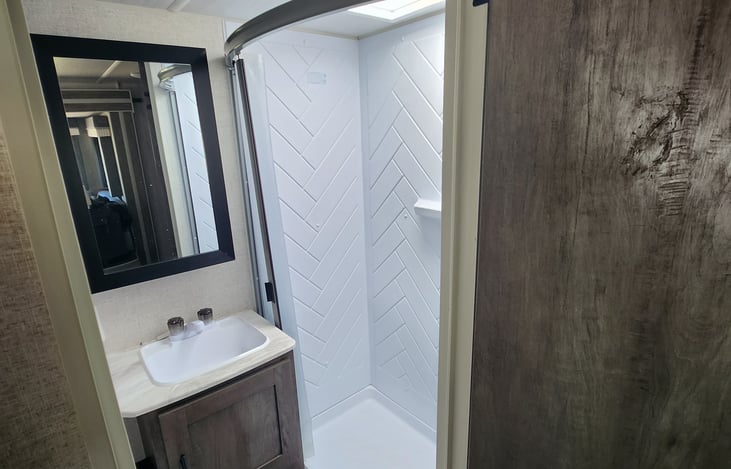 Bathroom with shower.