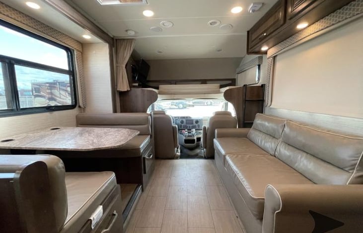 Kids love the overhead bed (sleeps 2 adults, 3 kids)and play area with TV and DVD, jack knife sofa sleeps one, dinette converts to a short double bed to sleep 1 adult or 2 children