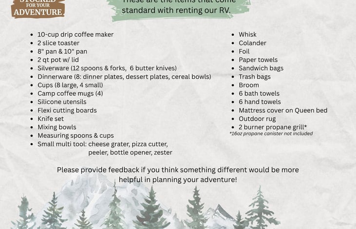 Inventory list of what is included with our rental