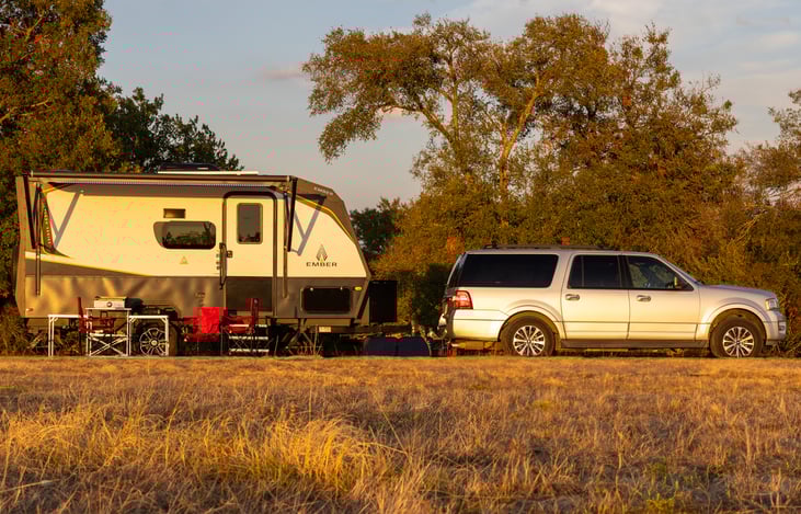Half-ton towable EMBER RV perfect for towing with full-sized SUV or properly equipped half-ton truck.