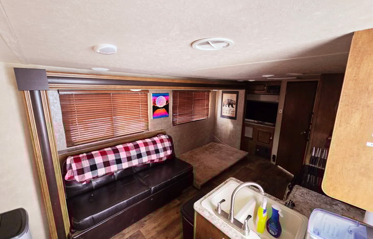 View from the Main entry door. Free space can be used for a full-size air mattress, storage, etc...