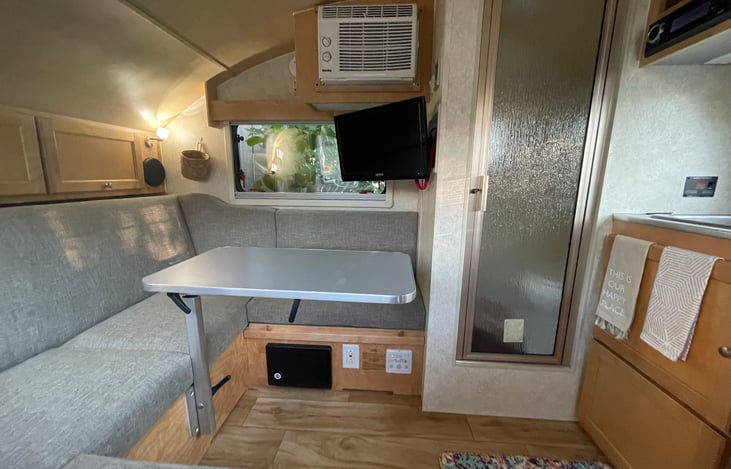 All the conveniences you could want with a tv, radio, DVD player, air conditioner, heat, shower, toilet, fridge, sink, and stove!