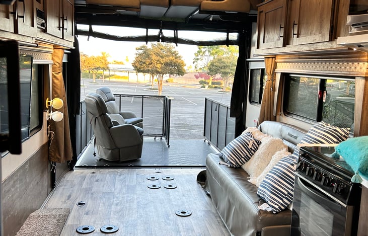 Full view of patio. Curtains snap to the sides.