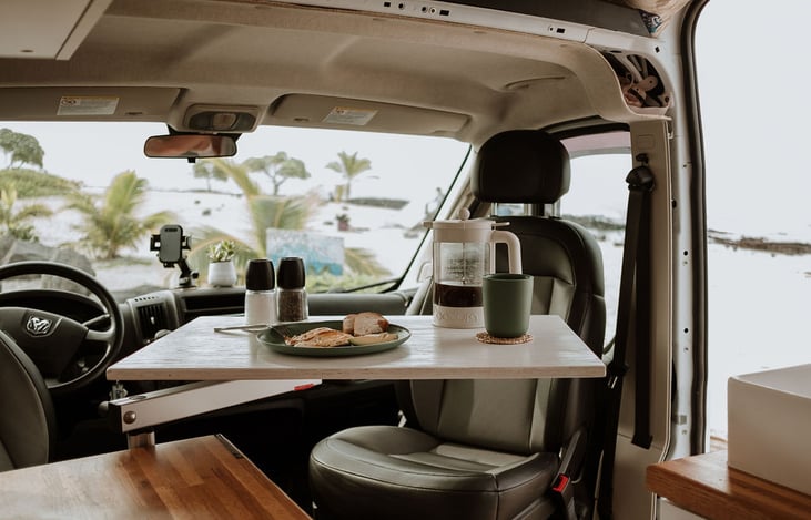 With a Lagun swivel table, you have plenty of counter space, work remote space, and a moving table that goes in between the seats.