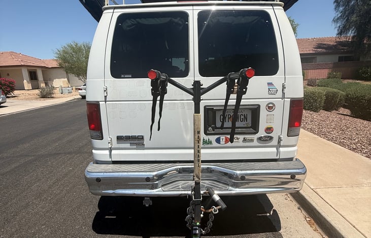 Gypsy Wagon back view of bike racks and tow hitch.