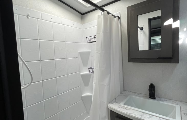 Shower with Microban curtain and racks