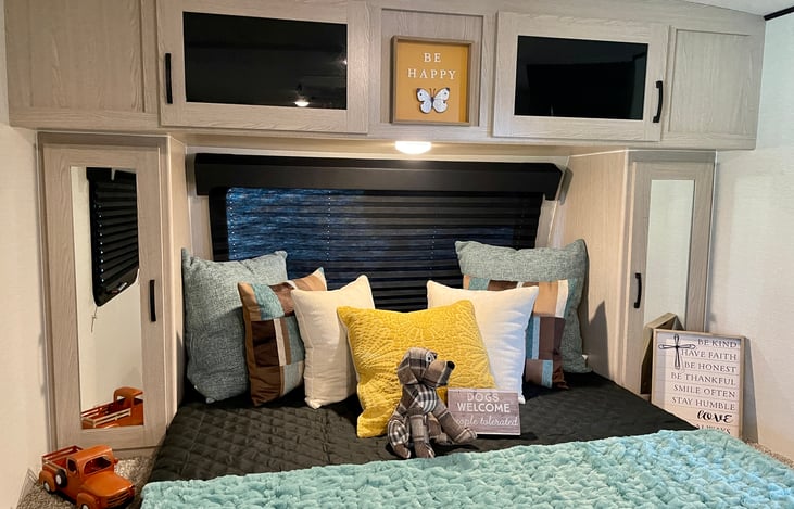 The bedroom includes two closet spaces, an upper cabinet for each person, plus it has a phone charging station and an electrical outlet on both sides for your electronics or health care devices.
