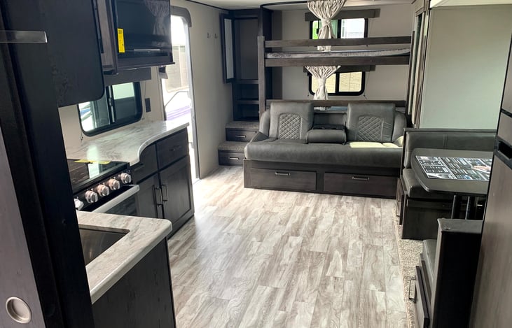 View of the living room from the bathroom