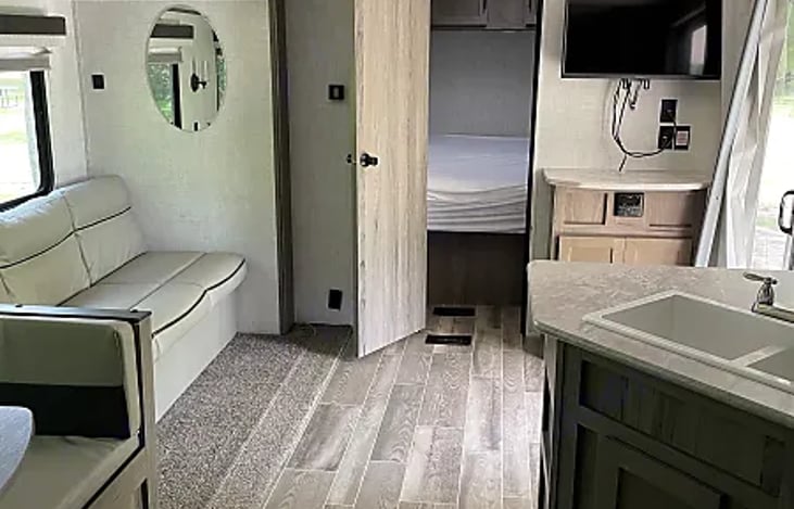 View of the living area into the 2nd master bedroom.