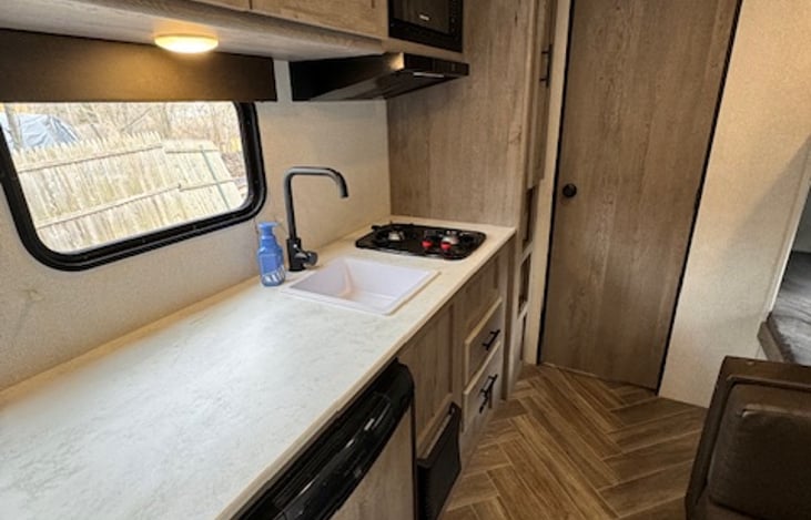 Wide angle view of the kitchen.