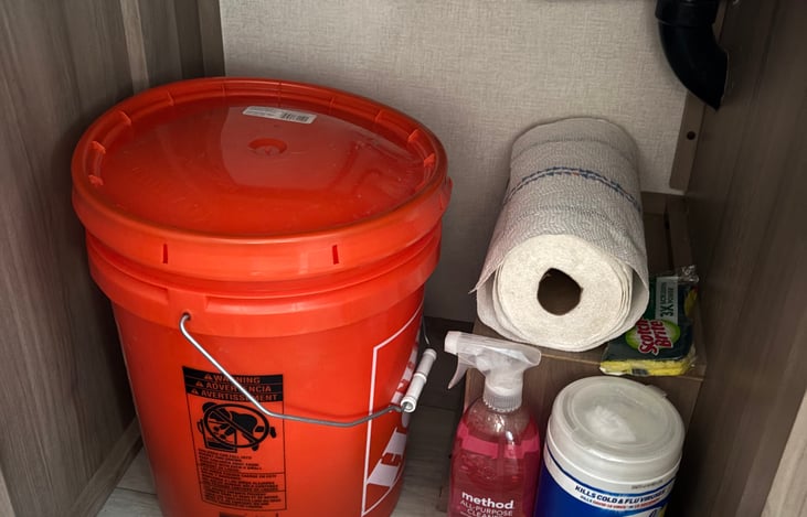 Complimentary supplies include cleaning supplies, trash bucket and a bag or 2.